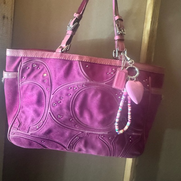 COACH Signature Pierced Gallery Tote Handbag Leather x Suede Pink Authentic - Picture 1 of 13